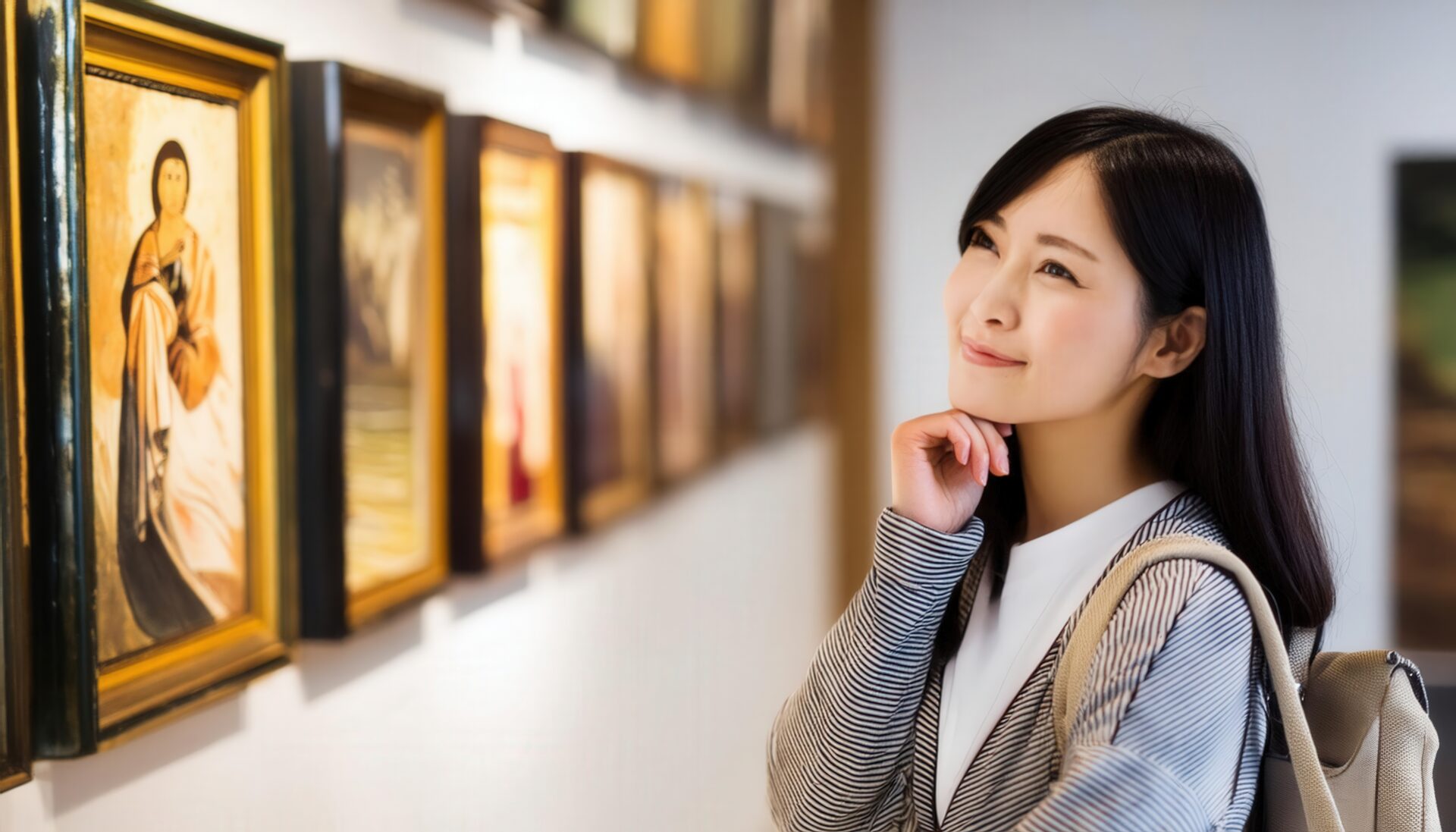 美術館で考え込む女性