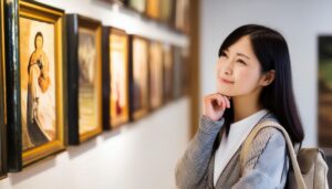 美術館で考え込む女性