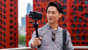 赤い背景で自撮りをする男性