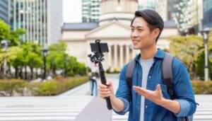 歴史的建物前で自撮りをする男性