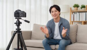 動画撮影者の笑顔とカメラ