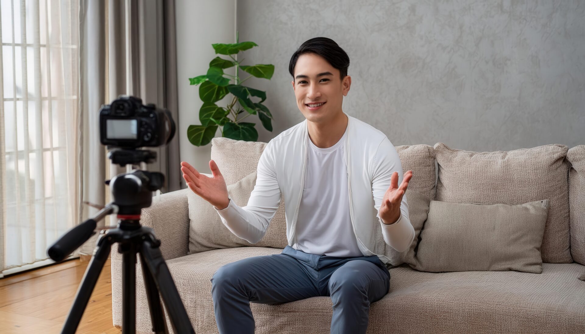 カメラの前で話す男性