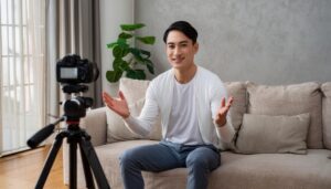 カメラの前で話す男性