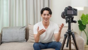 自宅で動画撮影をする男性