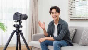 カメラの前で挨拶をする男性