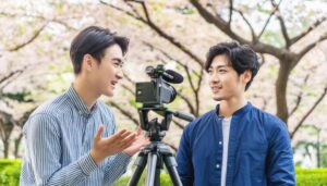 桜の下で撮影をする男性2人