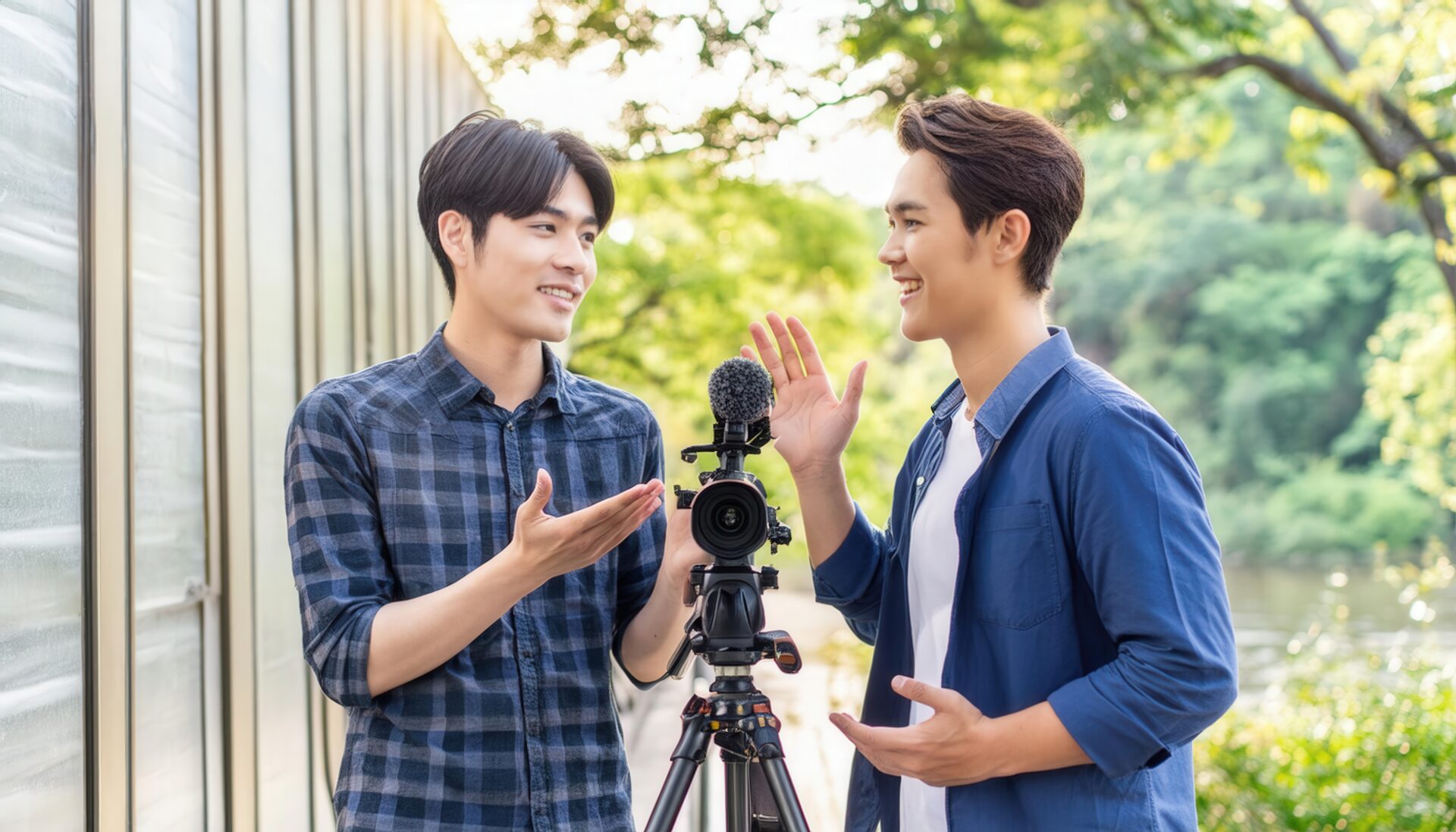 公園で撮影をする男性2人