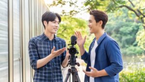 公園で撮影をする男性2人