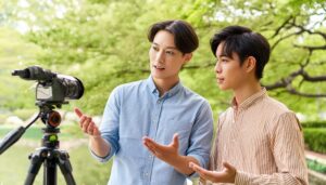 自然の中で撮影をする男性2人