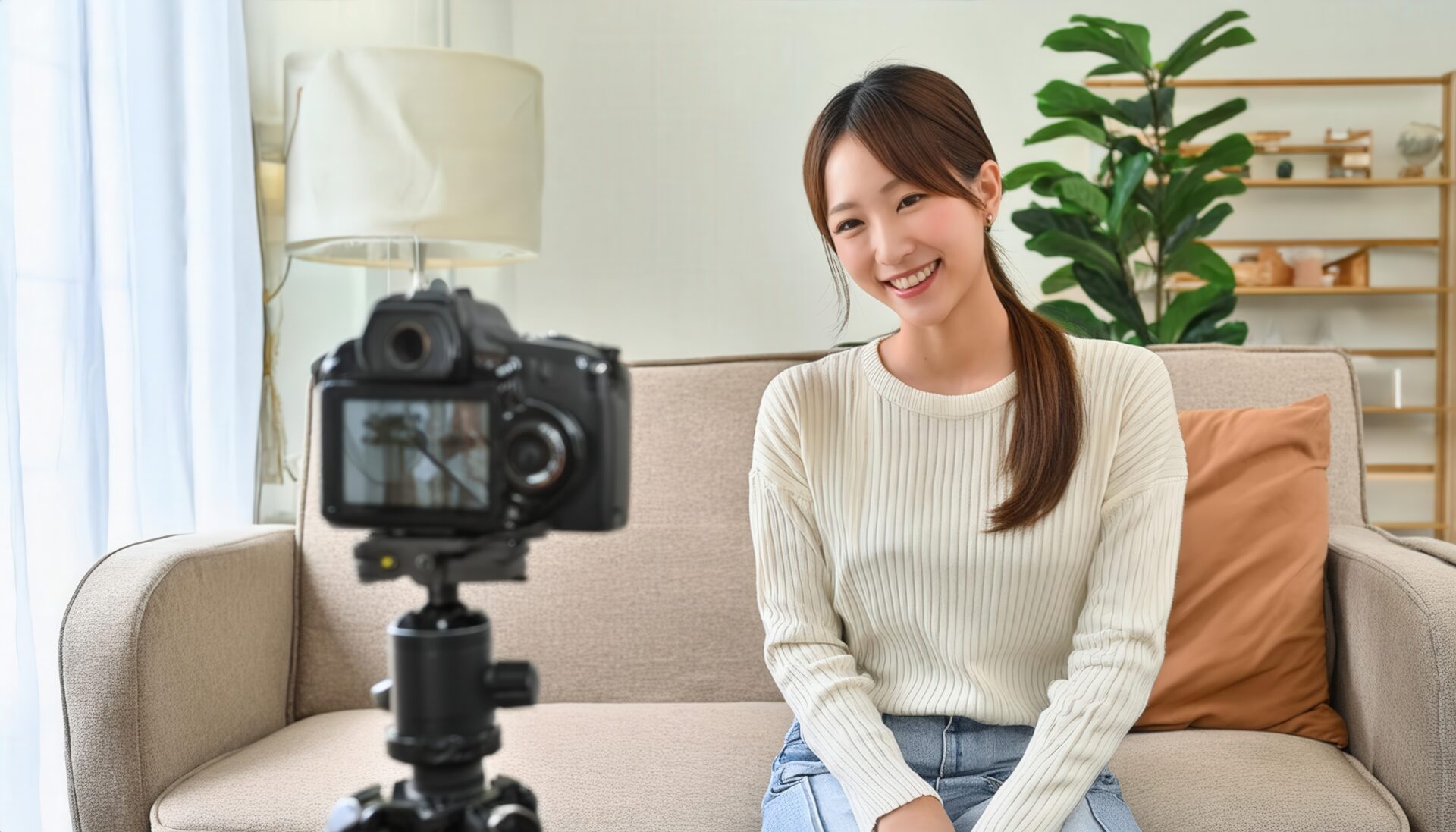 笑顔でカメラの前に座る女性