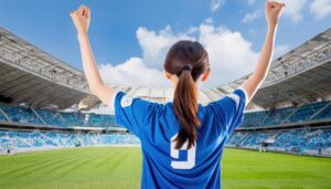 スタジアムで応援する後ろ姿の女性