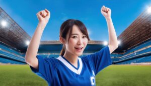 スタジアムで拳を上げる女性の笑顔