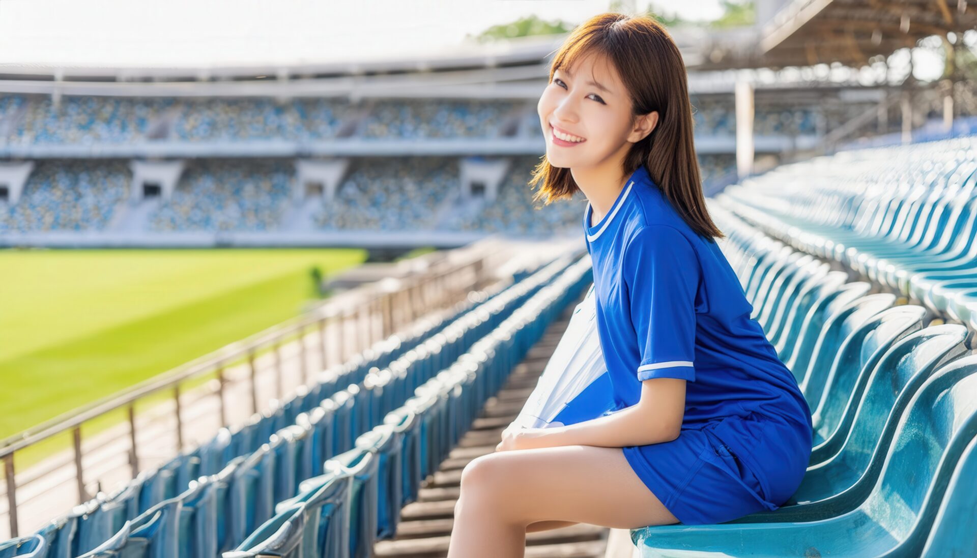 スタジアムの座席で微笑む女性