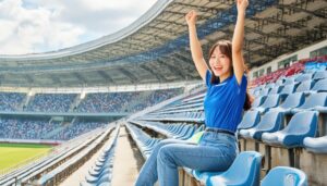 座席で応援するスタジアムの女性