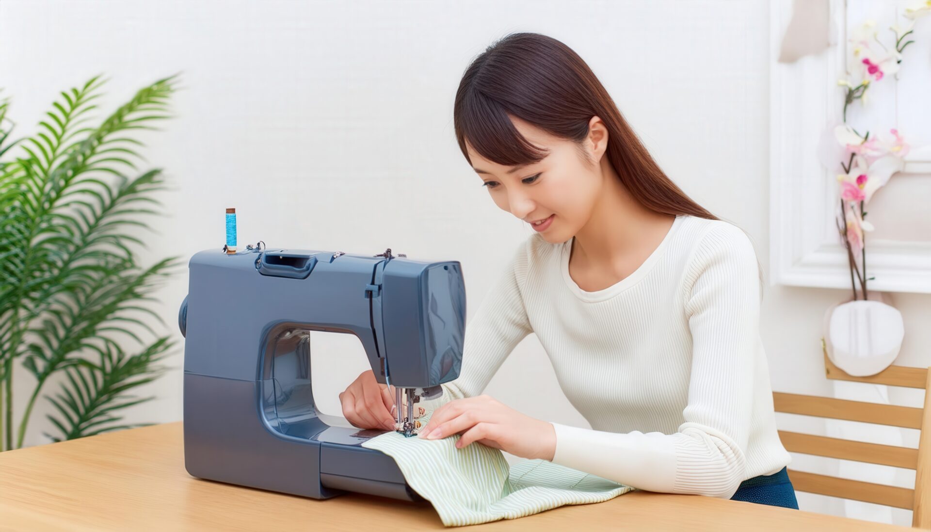 ミシンで裁縫する女性