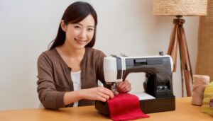 赤い布をミシンで縫う笑顔の女性
