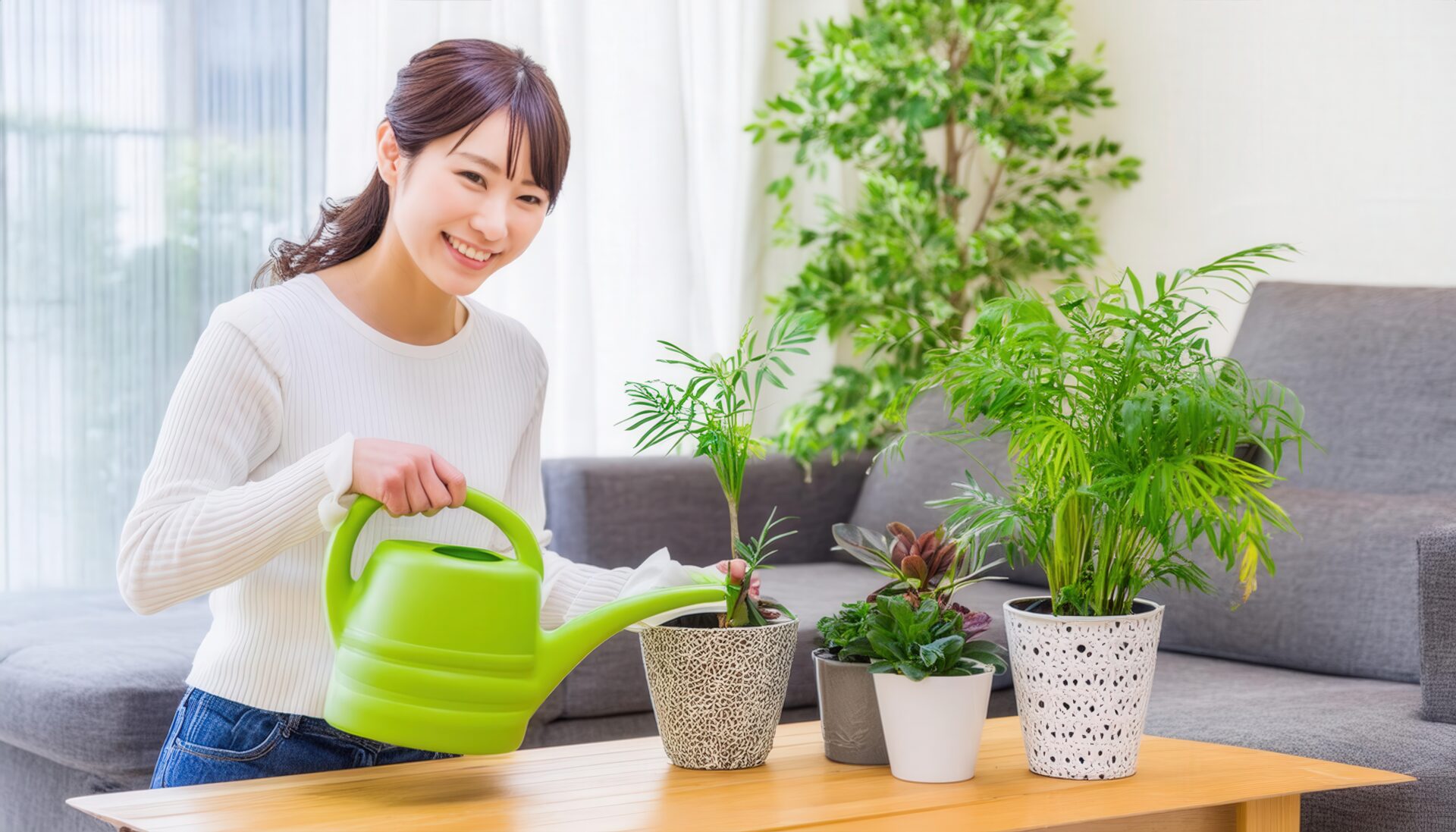 観葉植物に水をやる女性