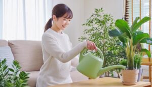 室内で観葉植物に水を注ぐ女性