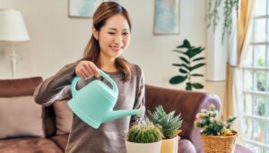 サボテンに水をやる女性