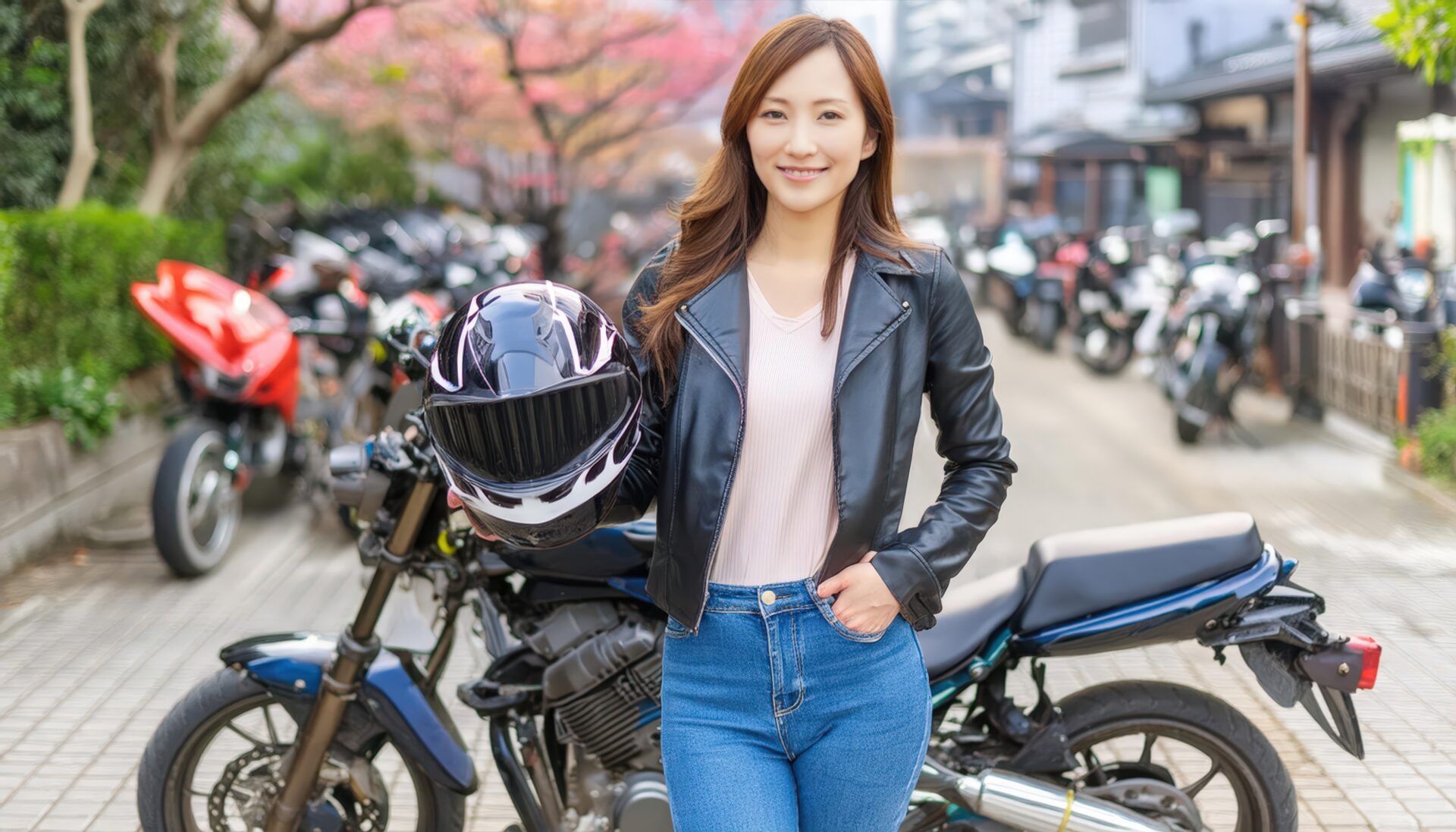 バイクと笑顔の女性