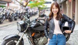 都会の街並みでバイクとポーズを取る女性