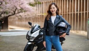 桜を背景にバイクとポーズを取る女性