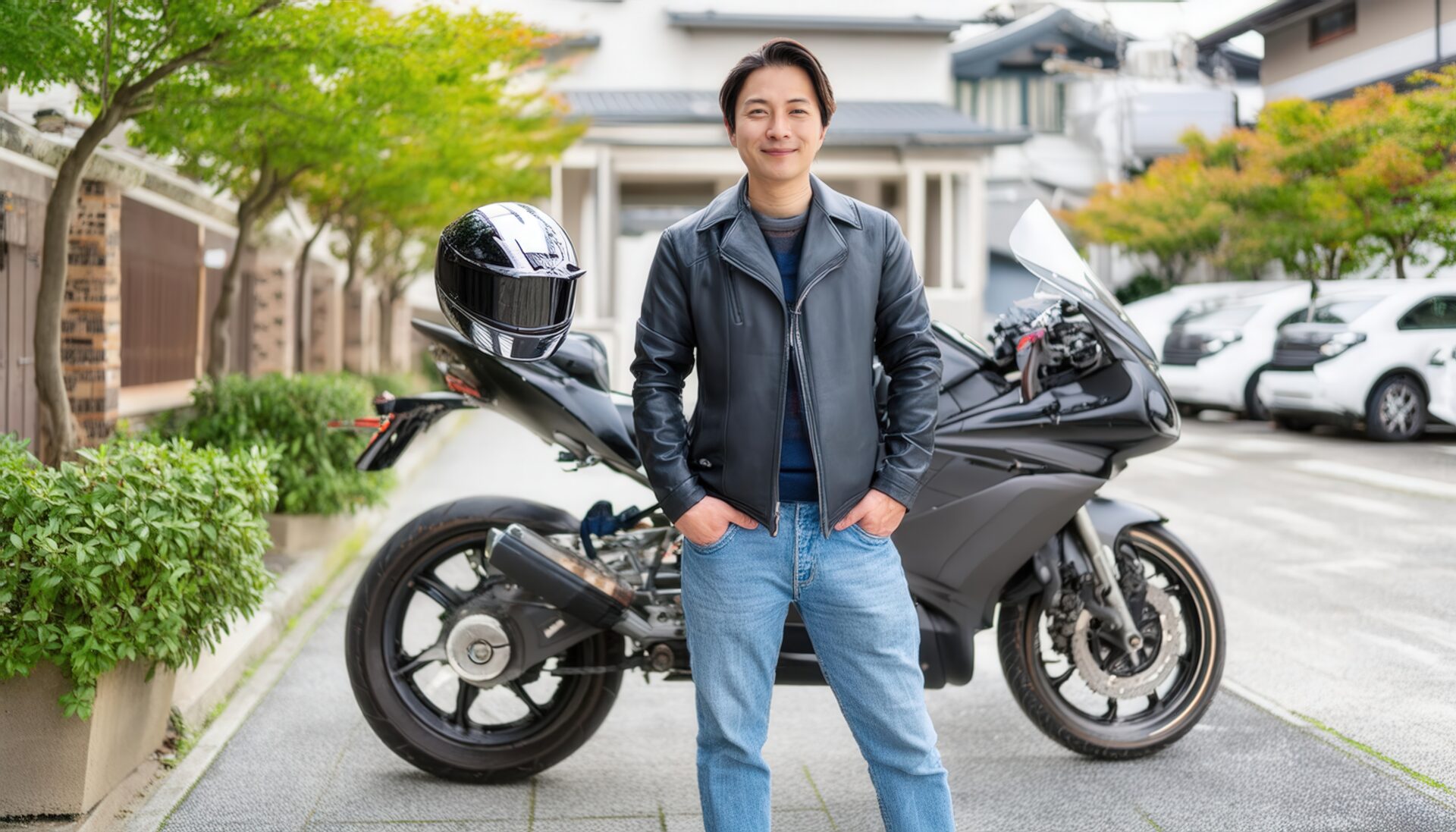 都会の街並みでバイクと立つ男性