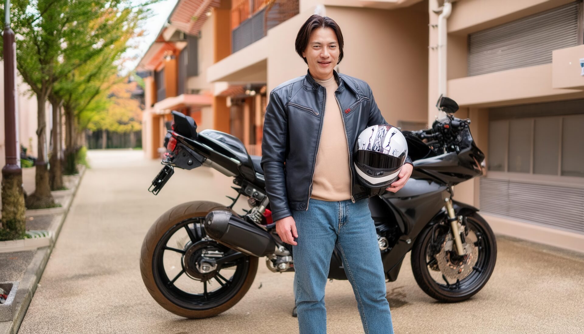 バイクとマンションの前で笑顔の男性