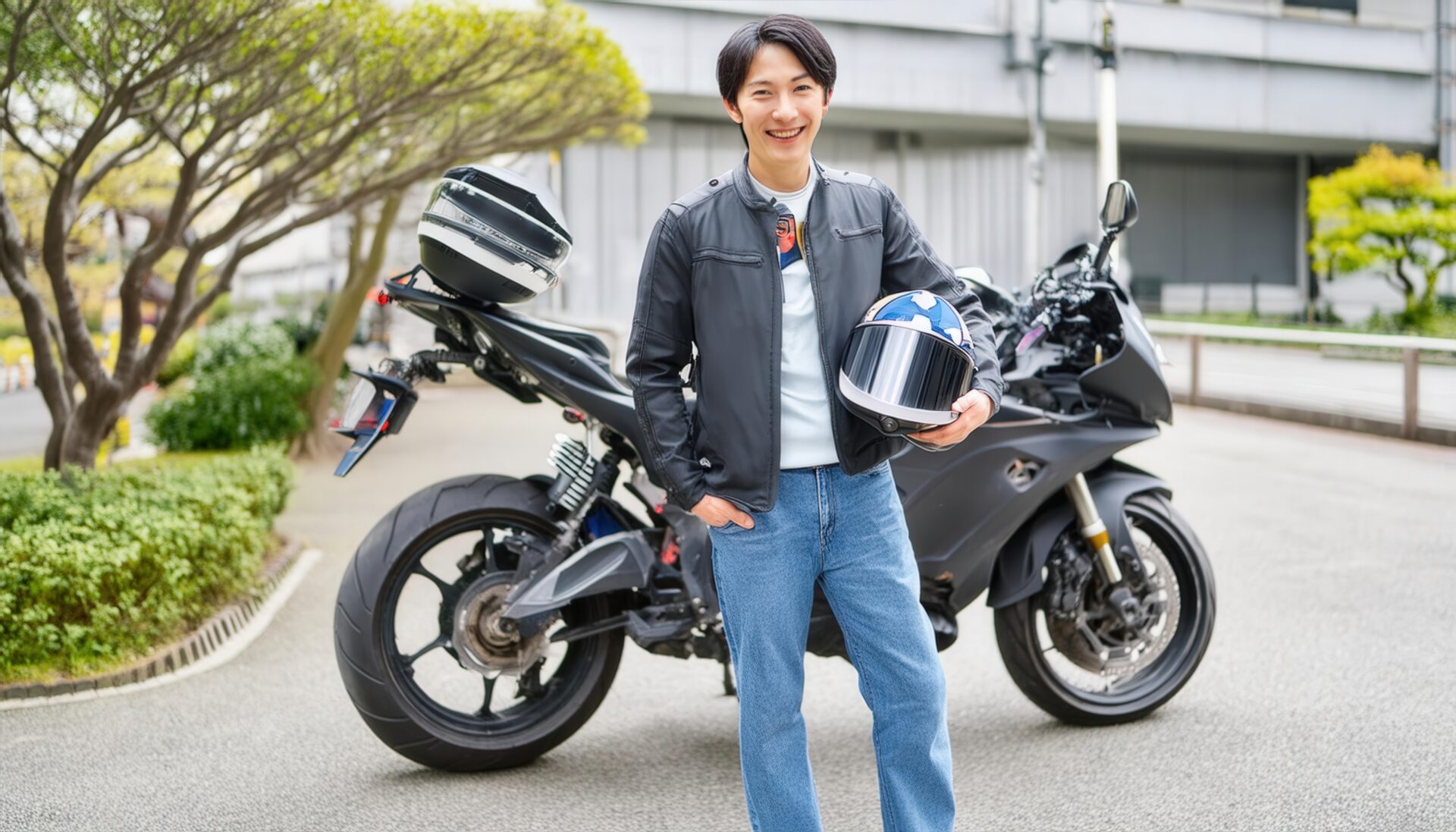 笑顔の男性とバイク