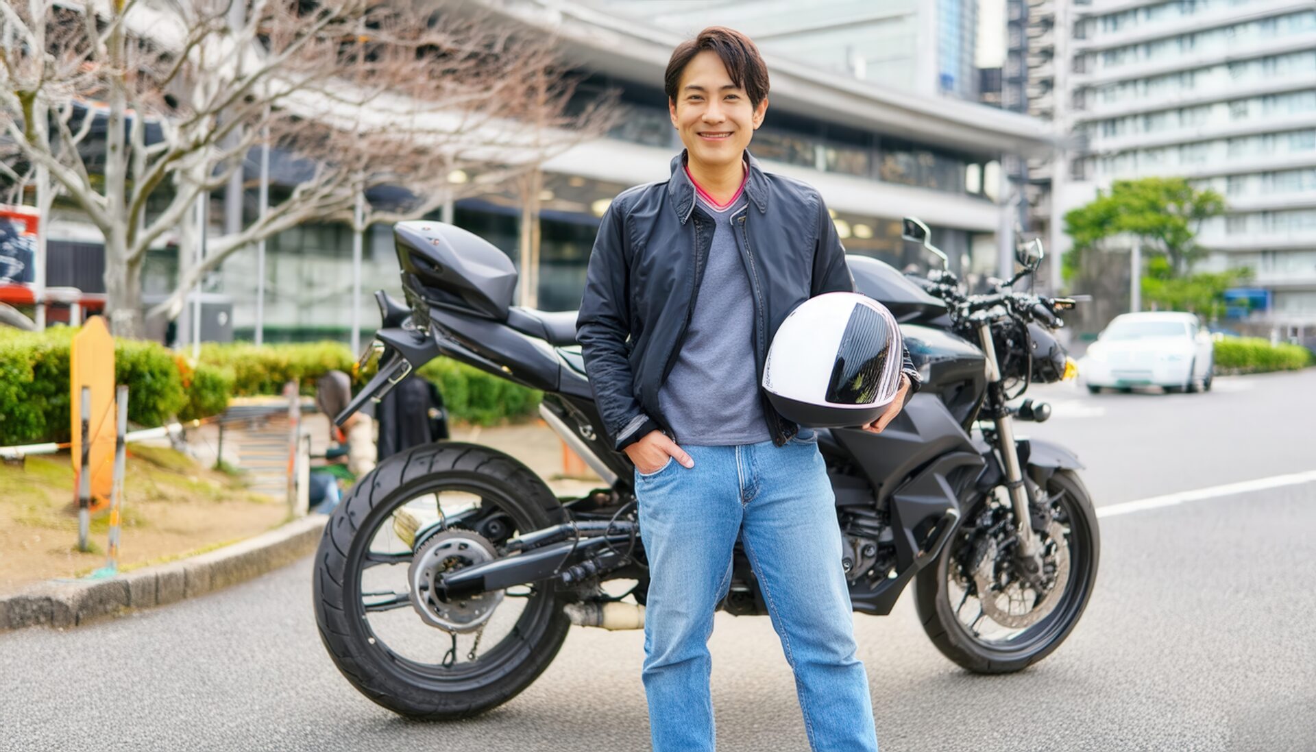 都会の背景でバイクと男性