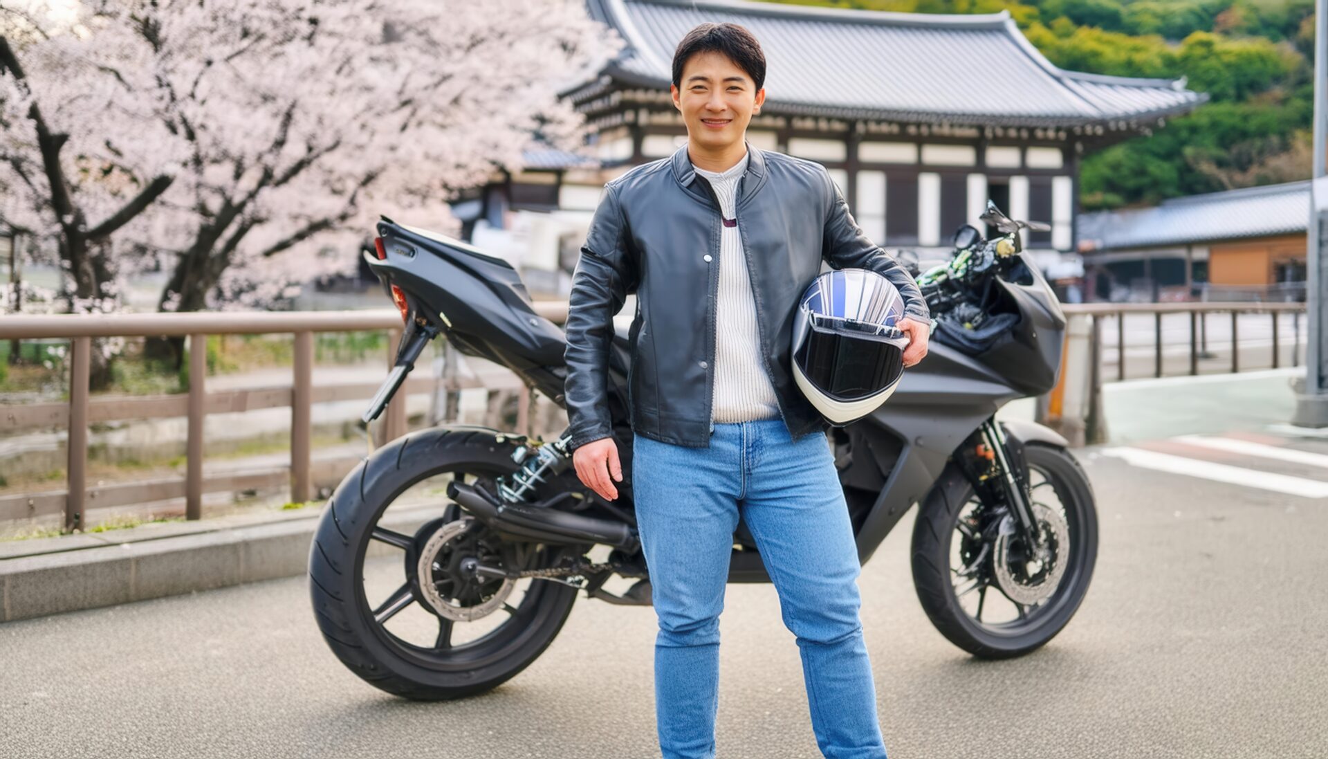 桜と伝統的建物を背景にバイクの男性