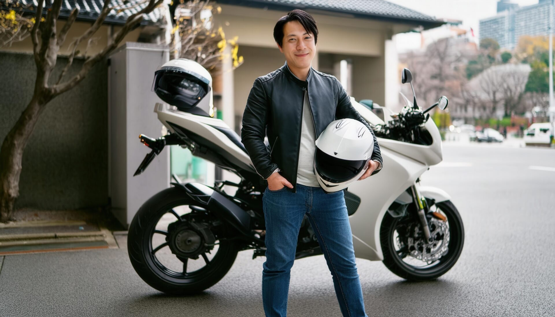 伝統的な街並みでバイクと男性