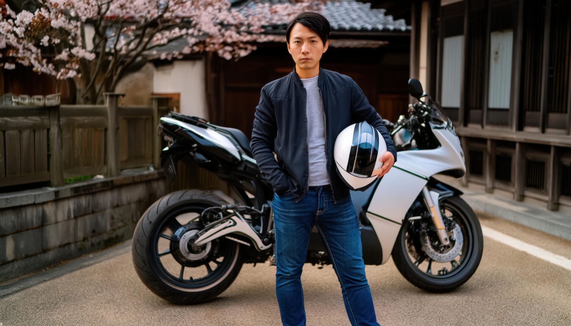 桜とバイクを背景にする男性