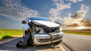 壊れた車と夕陽