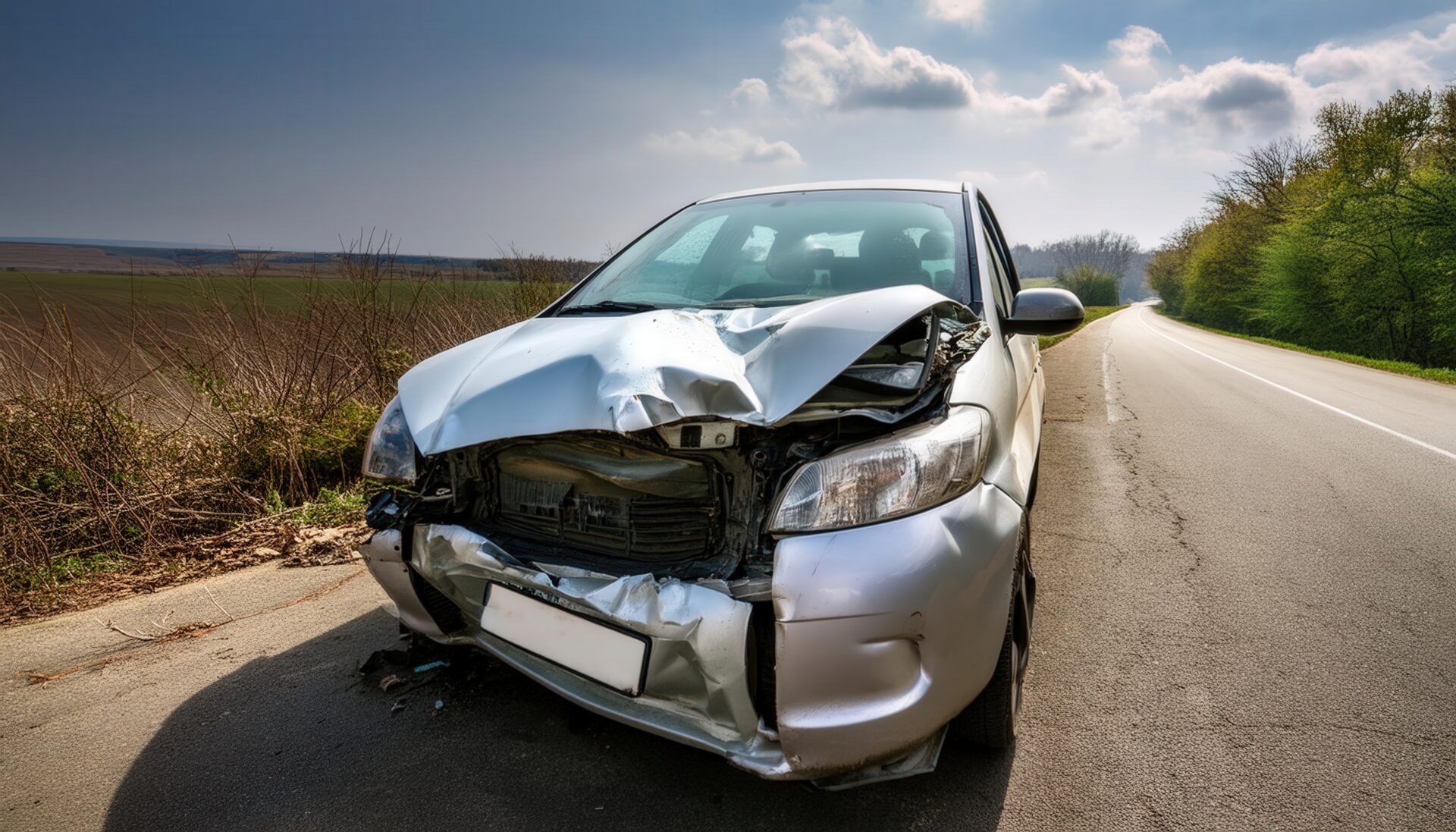 衝突後の車と青空