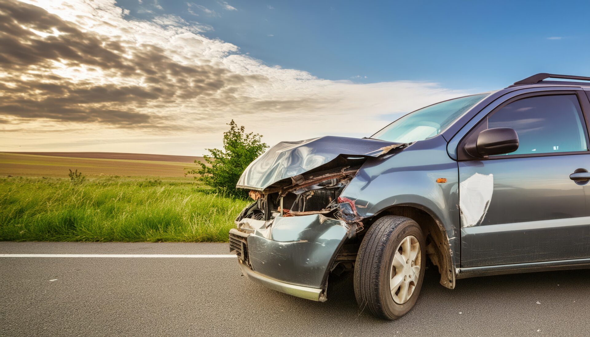 傷ついた車と青い空