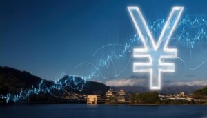 円マークと山の景色が重なる経済イメージ