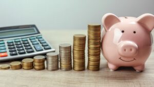 ピンクの貯金箱と右肩上がりの硬貨と電卓