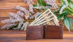 花とともに置かれた一万円札の財布