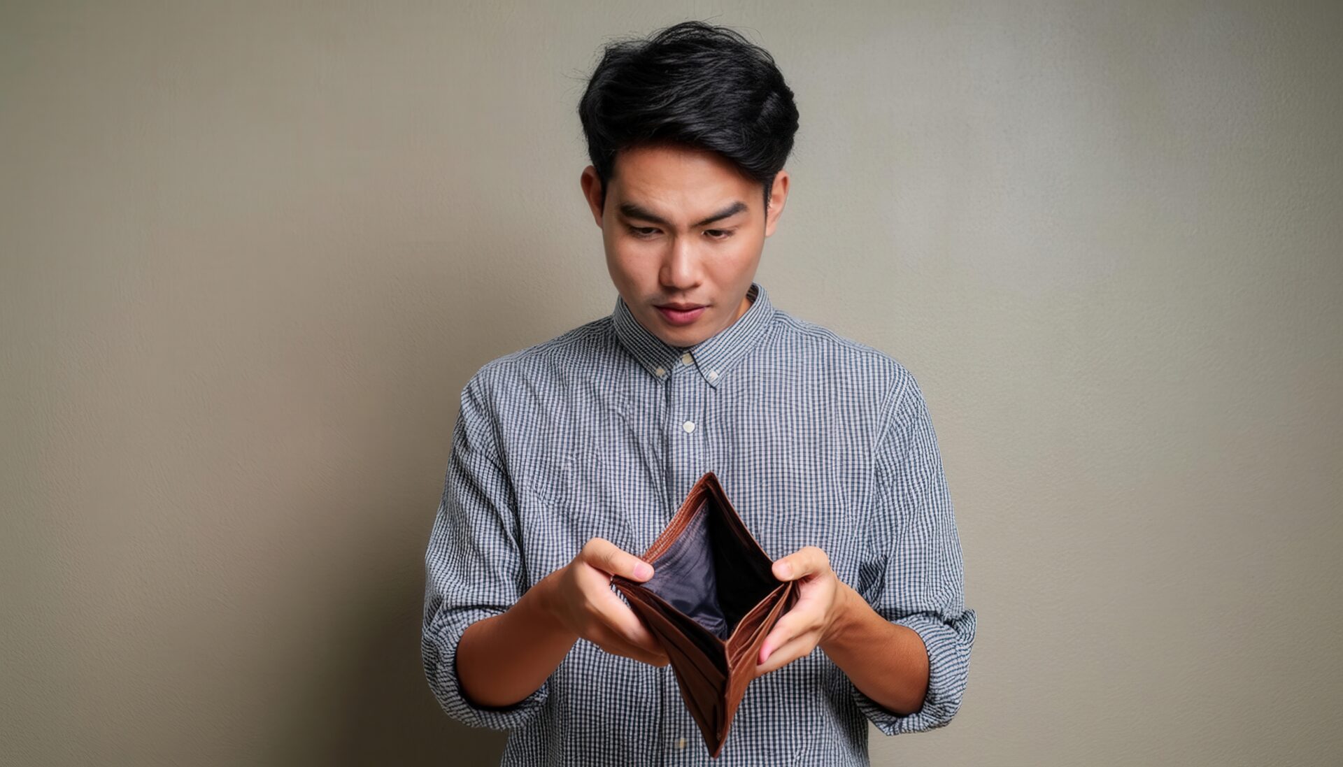 空の財布を確認する女性