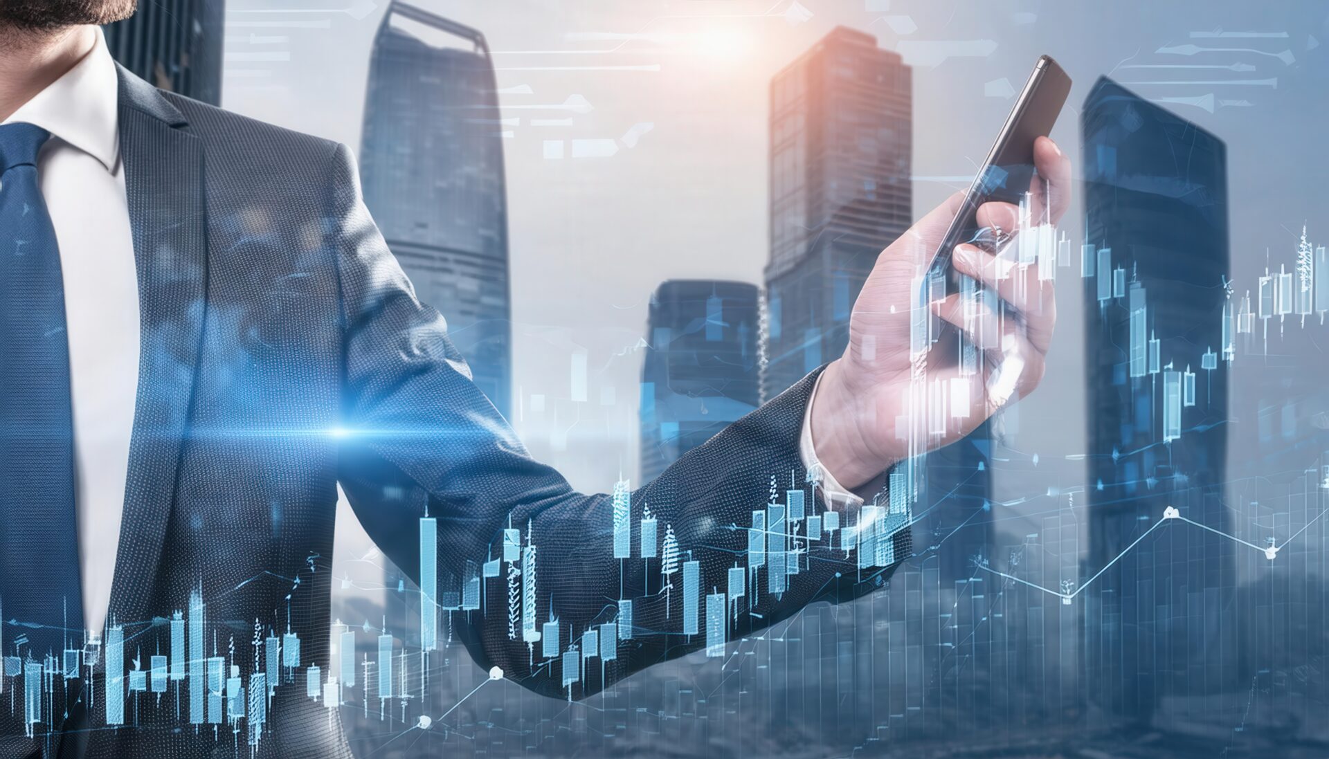 都市の背景でスマホを使うビジネスイメージ