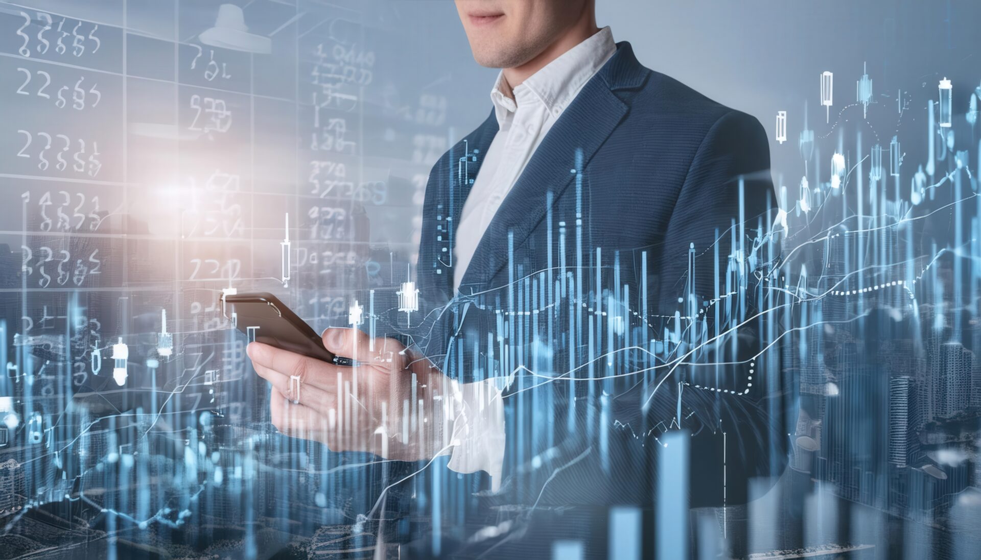 スマートフォンで株価を確認するビジネスパーソン