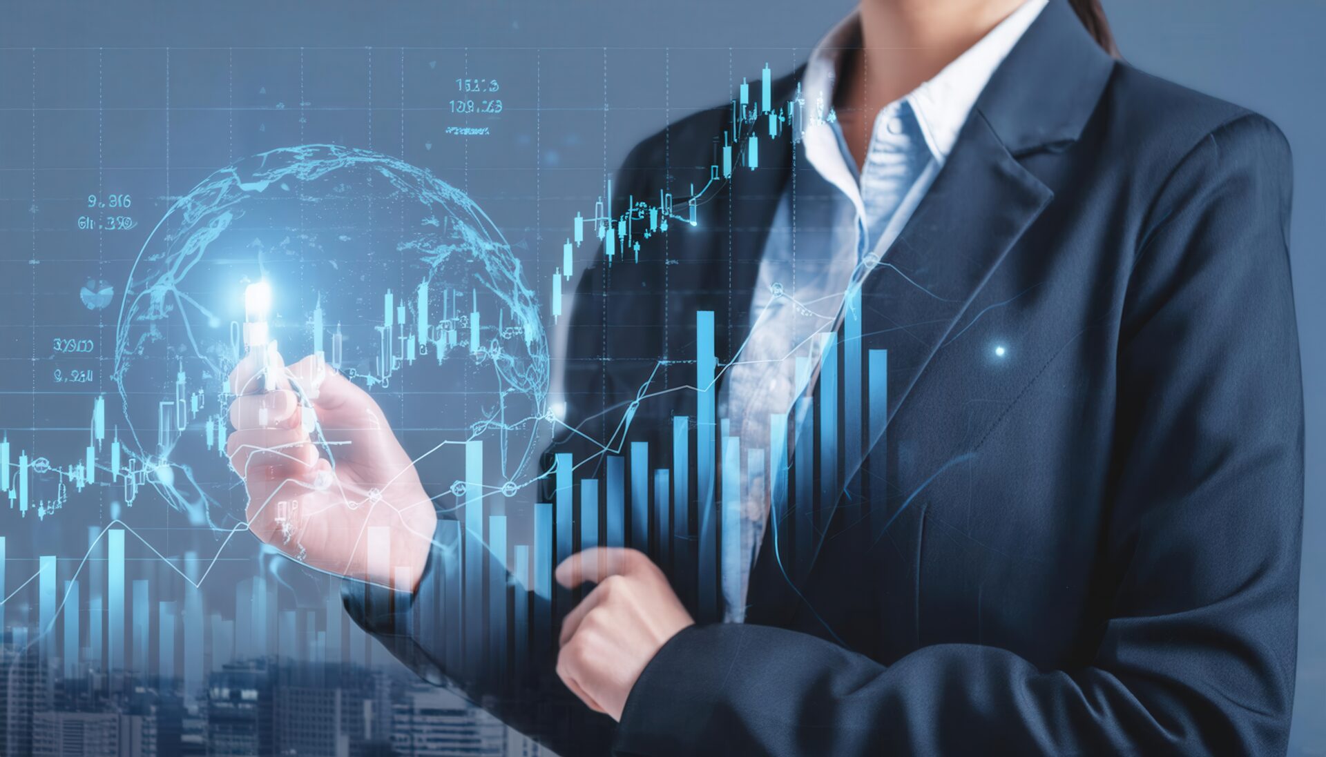グローバルな株式チャートを操作する女性ビジネスパーソン
