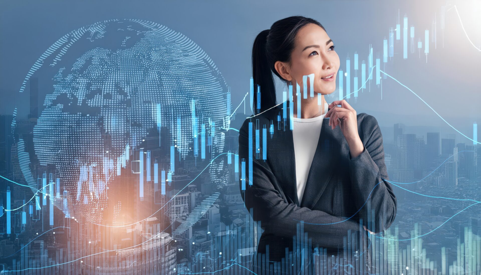 株価上昇を見つめるビジネスウーマン