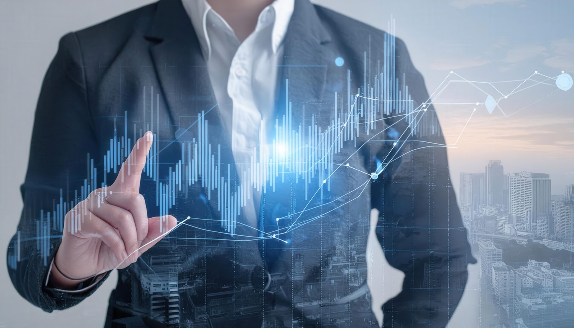 指先で市場動向を示すビジネスシーン