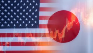 日米の国旗とコインで表す為替イメージ