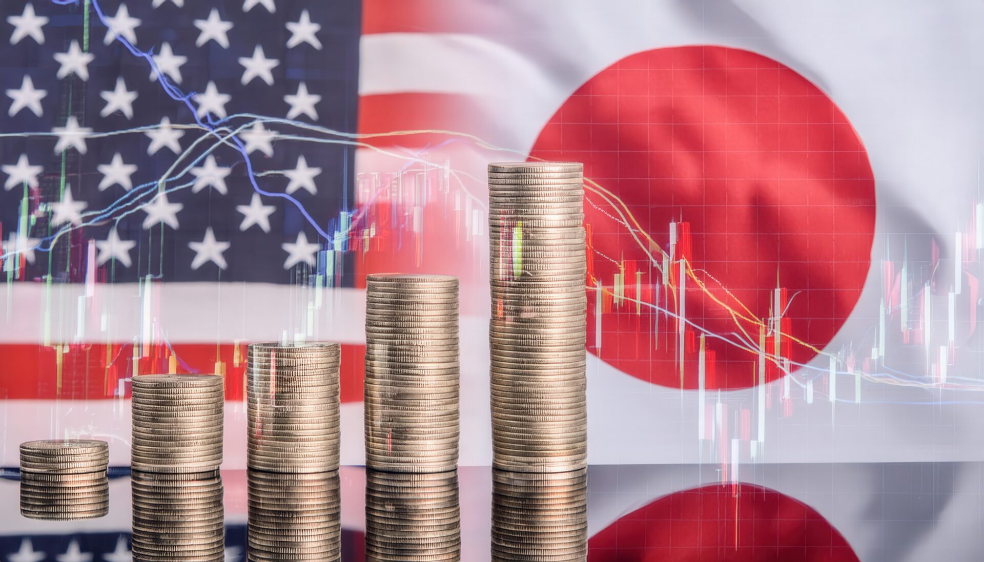 日米両国の国旗とコインで示す外国為替
