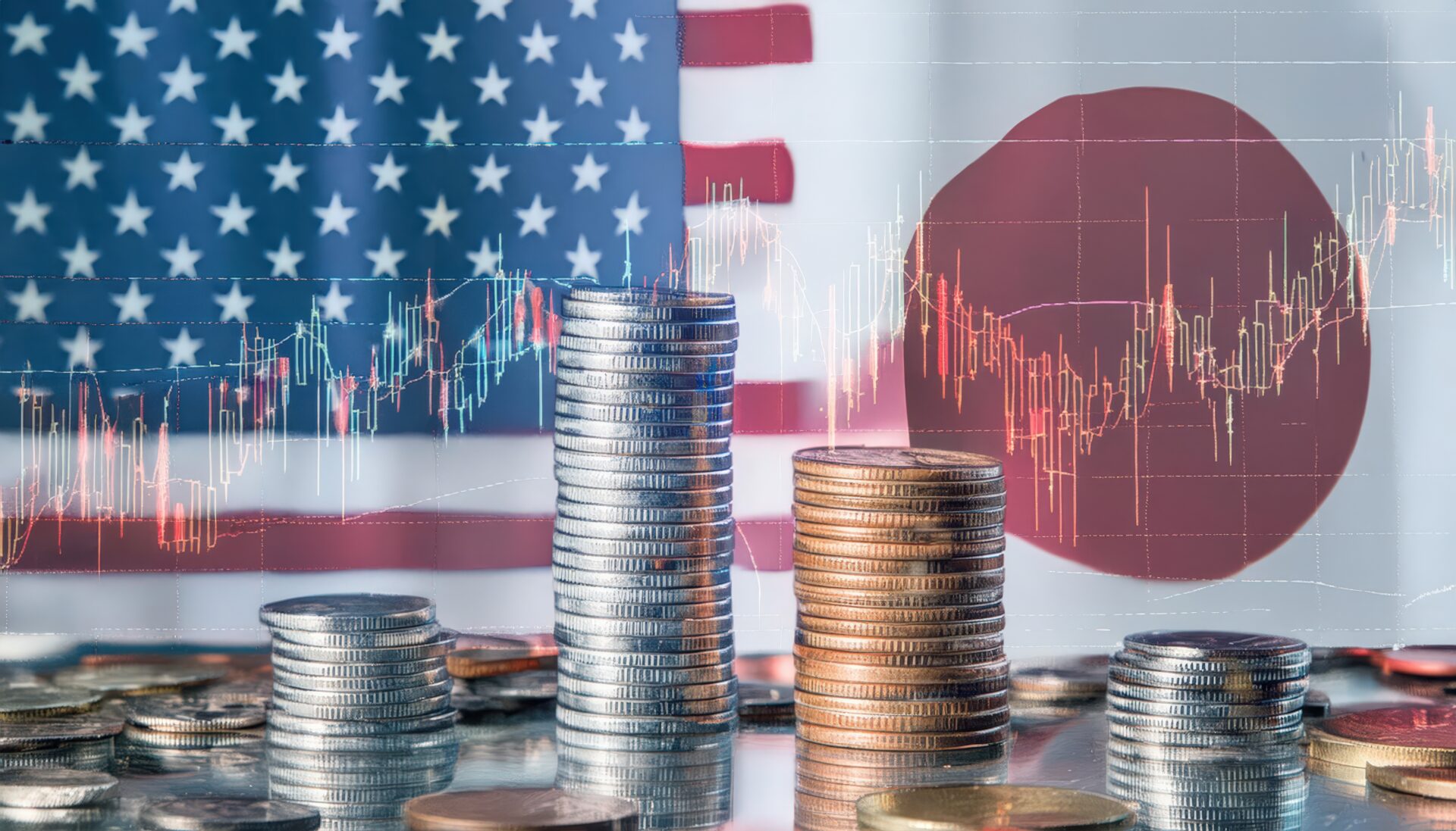 日米国旗とコインの山で見る経済成長