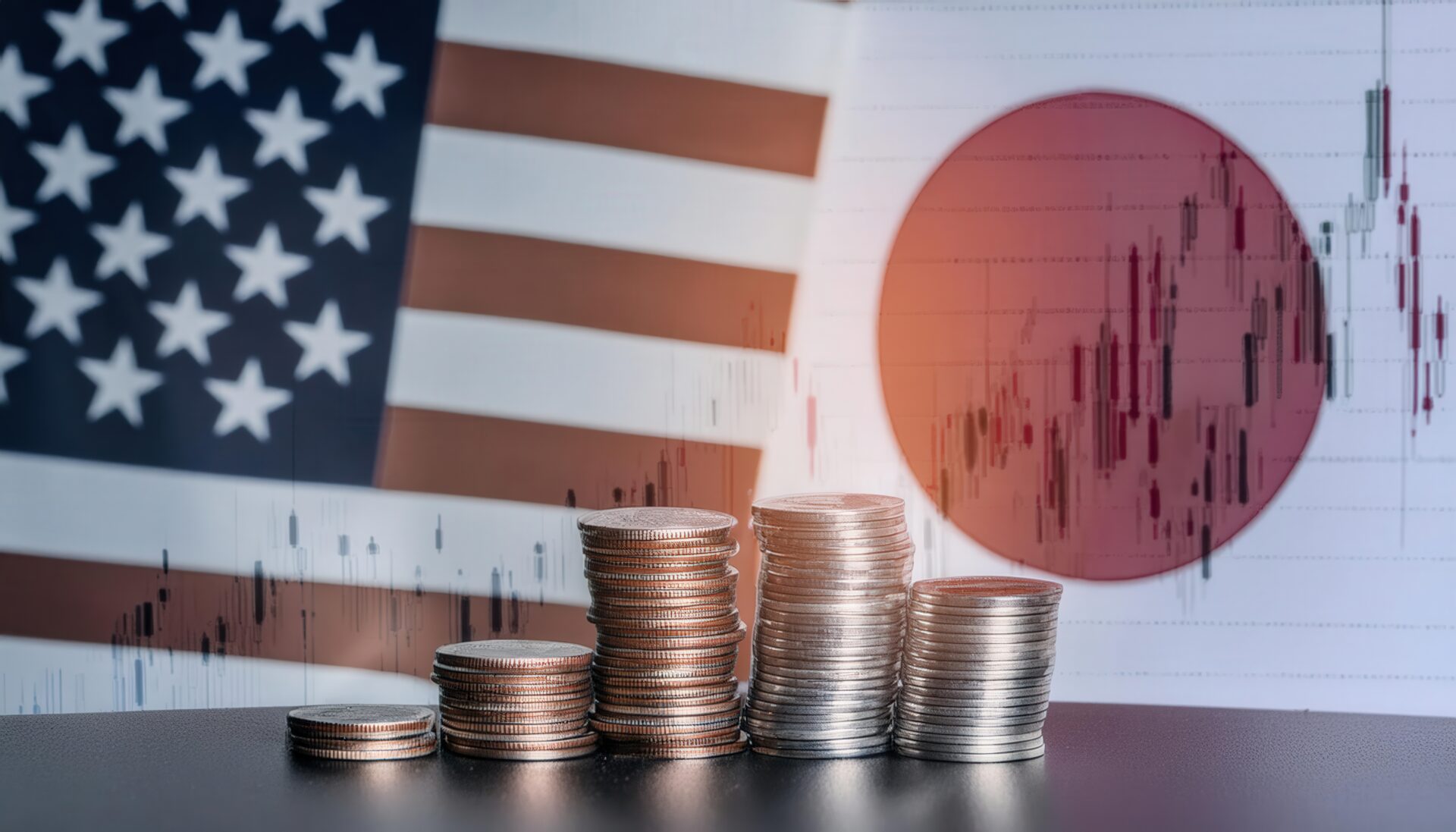 日米の国旗を背に並ぶコインで表す金融市場