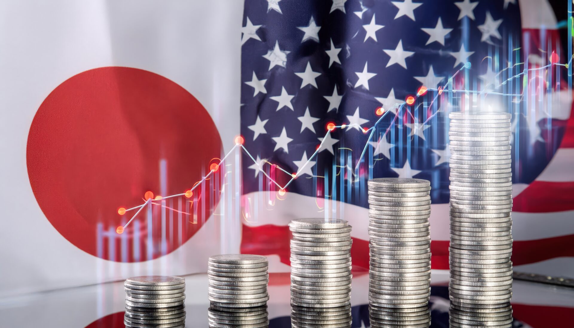 日米国旗とコインで示す為替相場の変動
